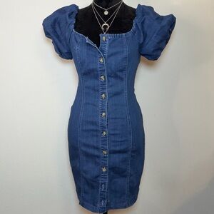 Blāshe Dark Wash Denim Off-Shoulder Puff Sleeve Mini Dress Size L